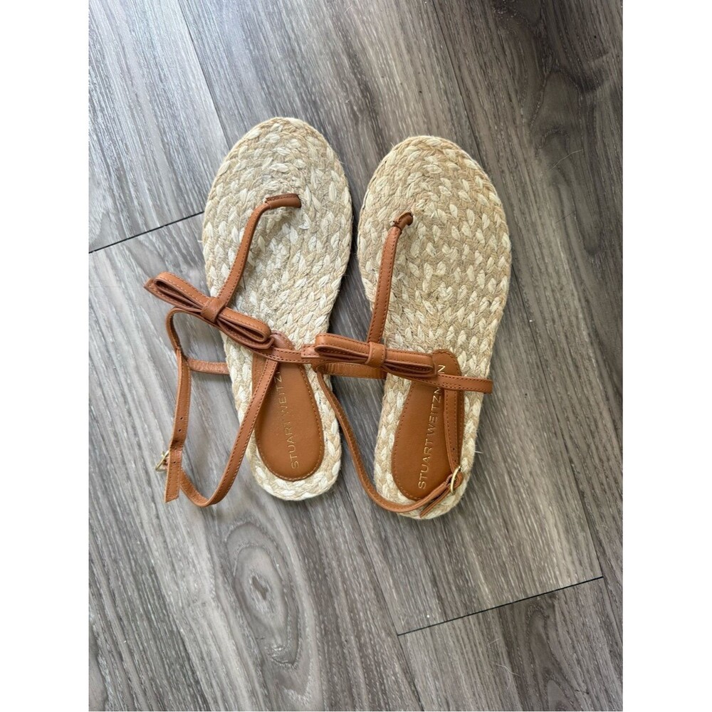 Stuart Weitzman Felicity Bow Espadrille Flat Sandals Leather Raffia Jute 6.5